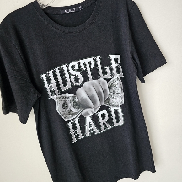 Black Slim Stretch T-Shirt - Hustle Hard Graphic - Picture 6 of 6
